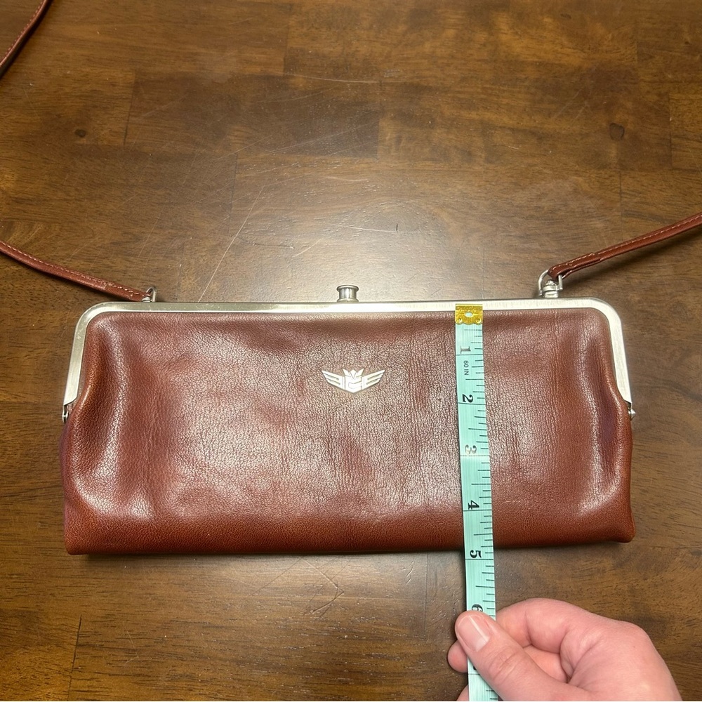 Consuela Tawny Clamshell Clutch Wallet in Brown Leather with Crossbody Strap - Picture 14 of 16
